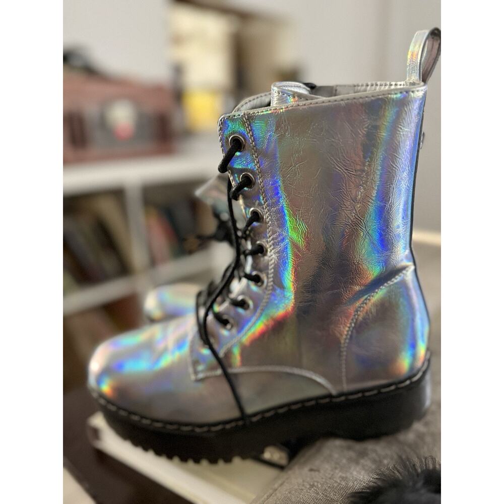 Iridescent Silver Harley Combat Boots Women's Size 7.5 By Portland Boot Platform